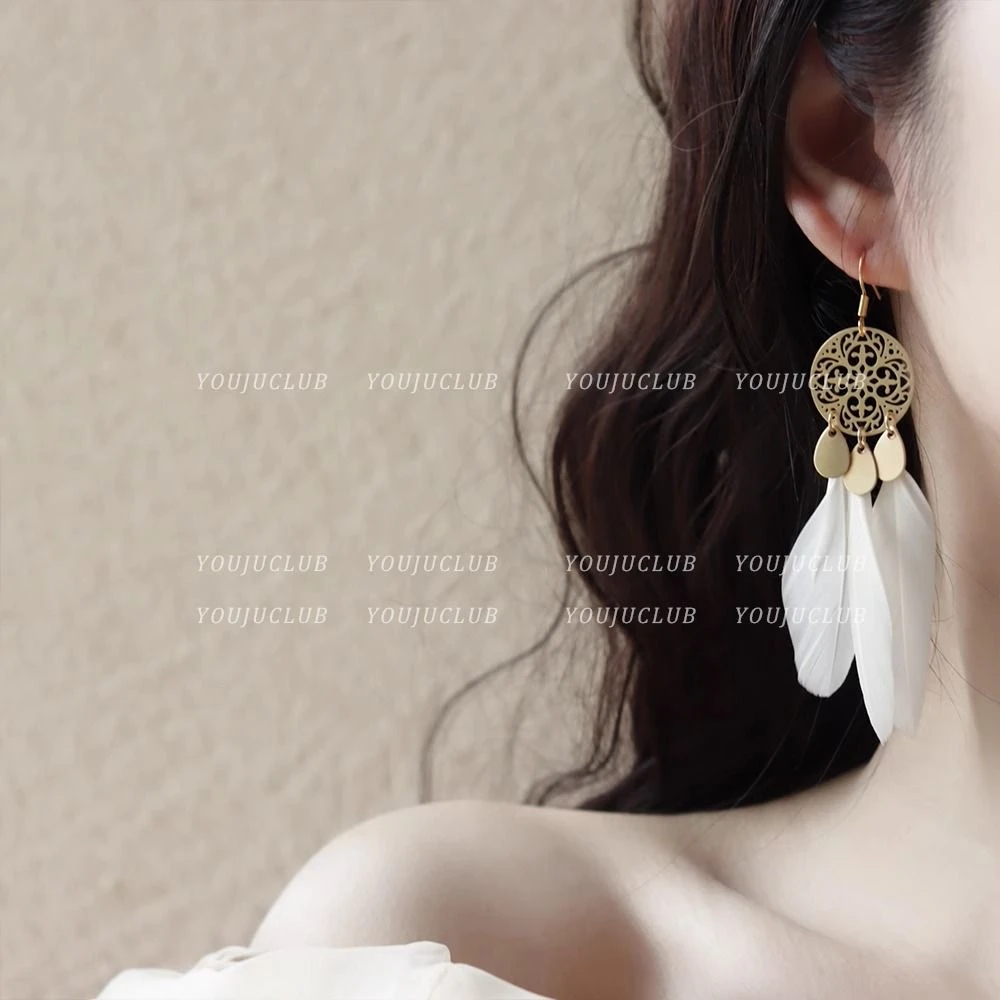 合金耳饰 去有风的地方~超仙羽毛长款耳坠异域民族风度假风耳环