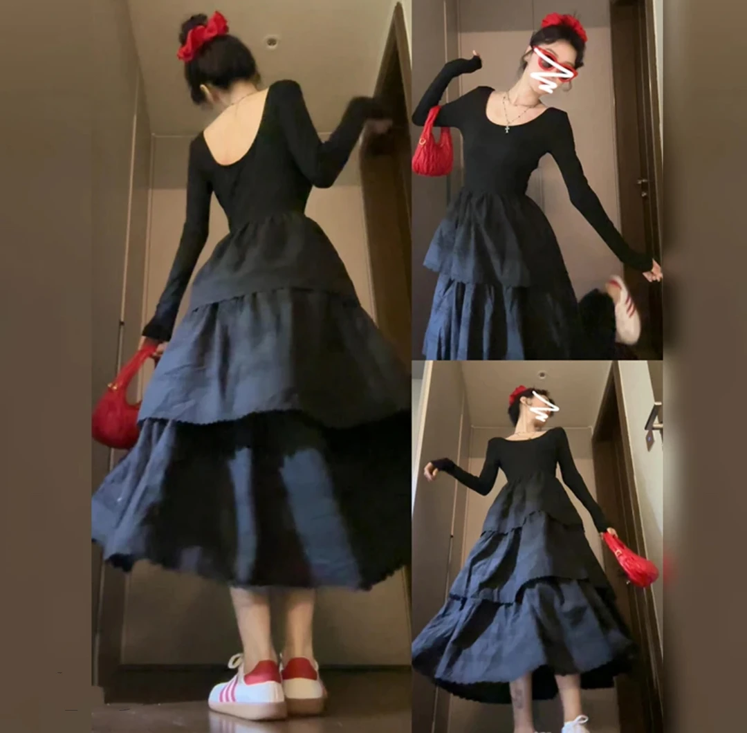 【丸子推荐】大码生日蕾丝长袖芭蕾风纯欲裙子蛋糕长裙6261