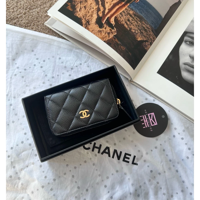 95新 Chanel/香奈儿  黑金鱼子酱子拉链卡包 25开  14382460