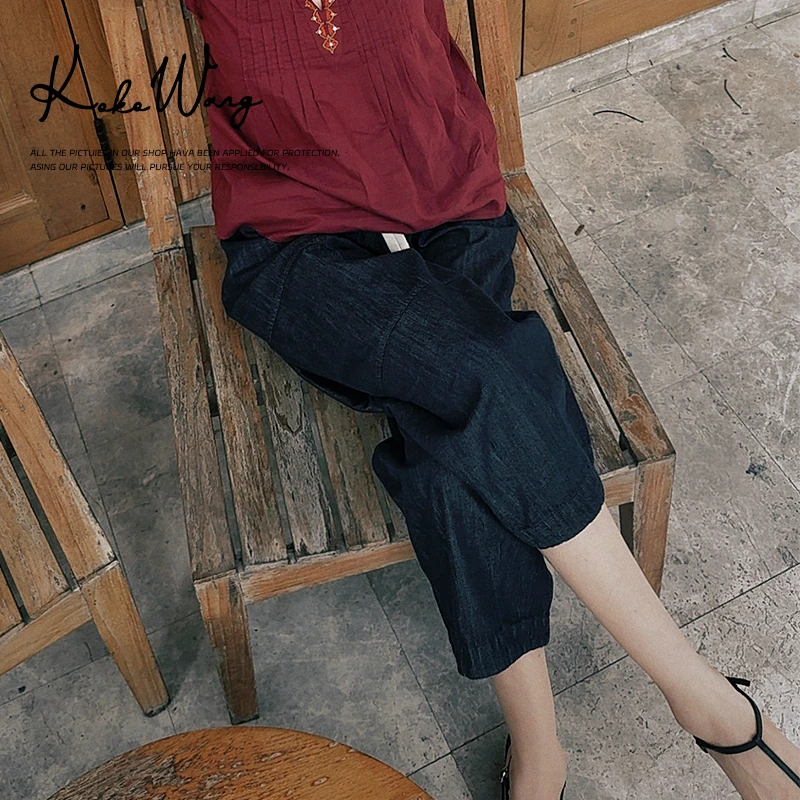 KOKO WANG时尚气质棉麻牛仔花苞裤薄款显瘦牛仔裤475705C08K42