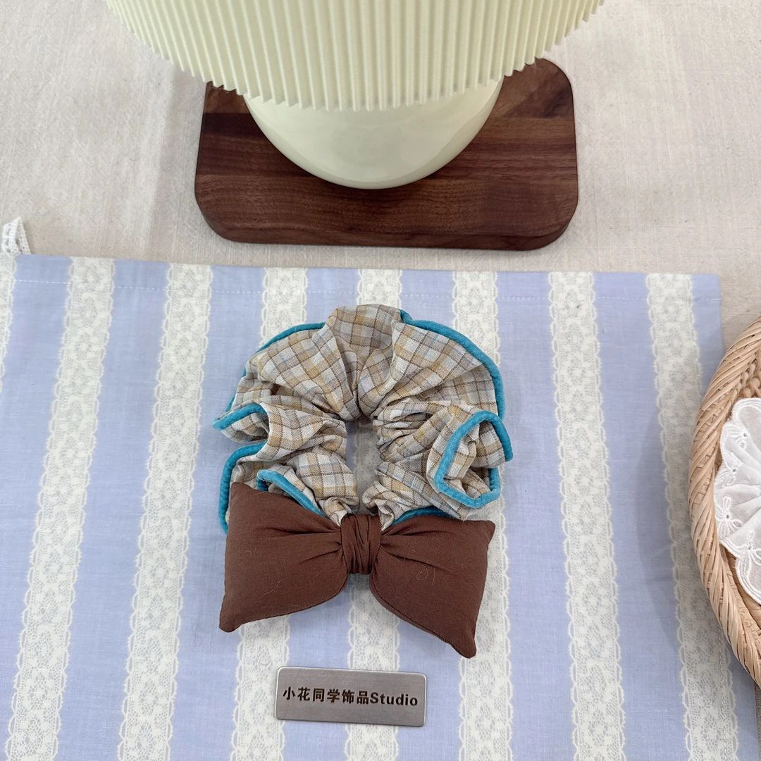 韩国发饰2025新款纯棉布艺蓝黄咖啡色格子蝴蝶结发圈发绳头绳头饰