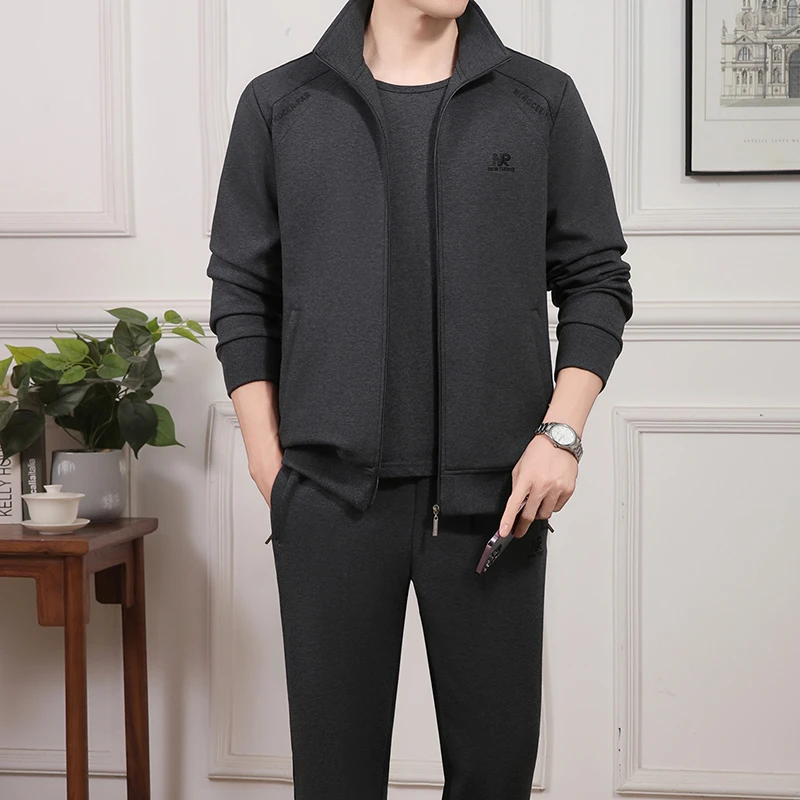 爸爸秋装运动套装高档灰色外套翻领长袖中老年男士休闲套装三件套