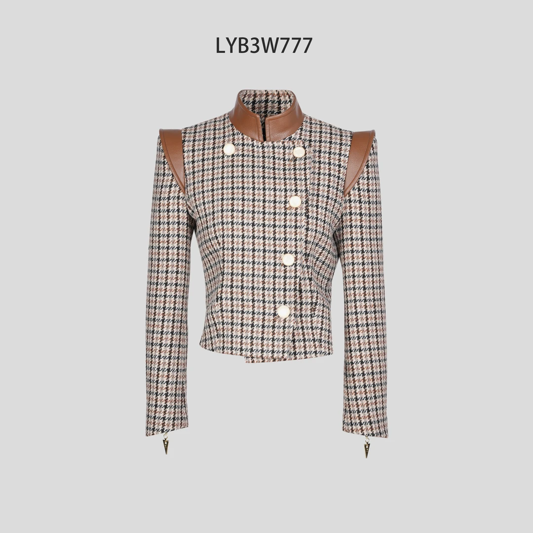 LUYU/鲁遇千鸟格纹拼接立领短外套修身复古风长袖上衣LYB3W777