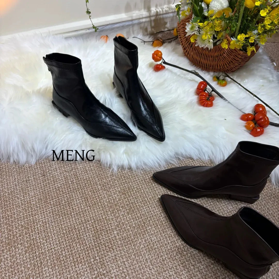真皮粗跟短靴女英伦风秋冬新款尖头弹力瘦瘦靴后拉链复古马丁靴