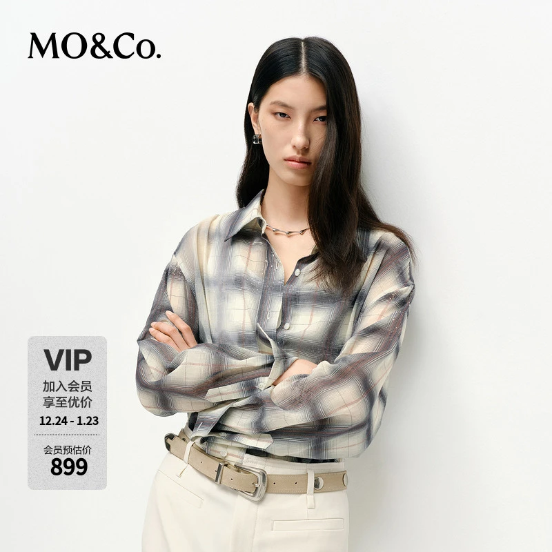 MOCO衬衫2025新品洗旧渐变格纹泼墨斑驳印花宽松棉质MBE1SHT021