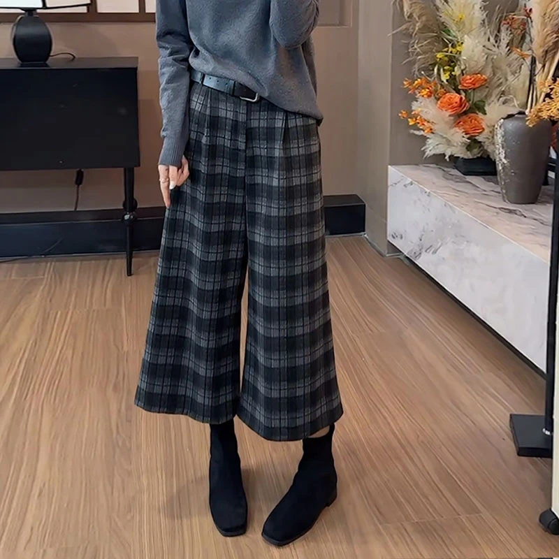 2025秋冬毛呢阔腿裤高腰松紧格子八分裤靴裤修身显瘦直筒女裤休闲