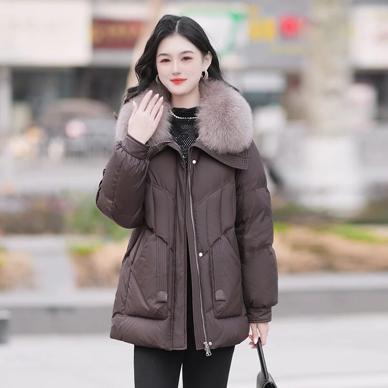 【真狐狸毛领鹅绒服】冬季新款中长款保暖白鹅绒服显瘦时尚羽绒服女