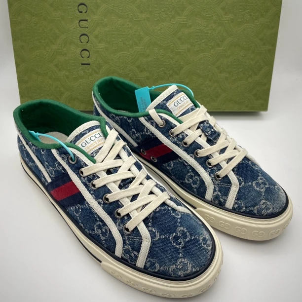 95新 GUCCI/古驰 40欧码/蓝色双G老花1977系列帆布透气板鞋