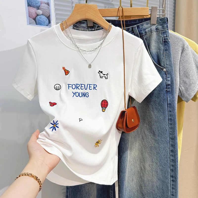 设计感小众洋气刺绣T恤女夏季正肩短袖2025新款韩版休闲半袖上衣