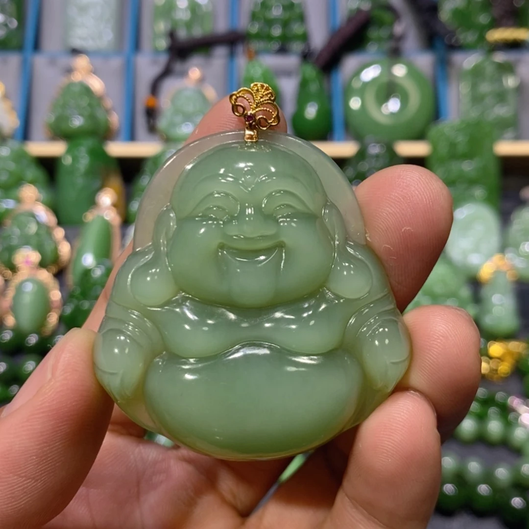 【闪购商品】和田玉吊坠(不含链)18K金镶嵌粉青猫眼佛公 46/48