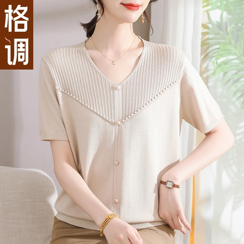 格调妈妈装时尚新款花边领套头短袖上衣夏季提花冰丝针织T恤小衫