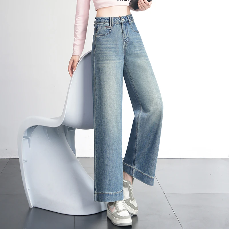 高腰牛仔裤2025春季新款梨型身材裤子小个子阔腿裤女宽松九分裤
