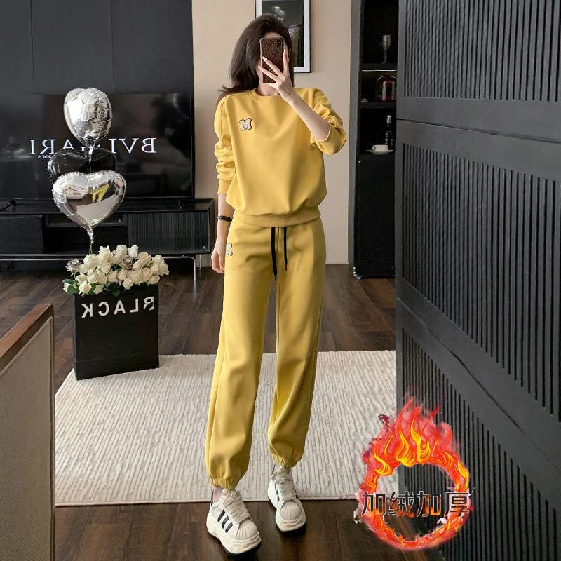 网红爆款休闲运动套装女秋冬2025时尚宽松圆领卫衣束脚卫裤两件套