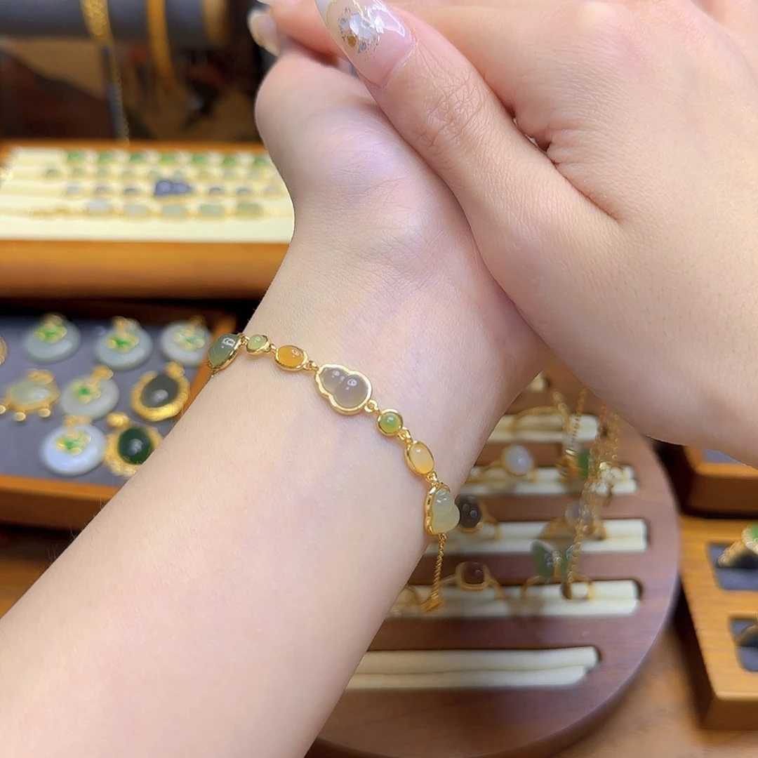 和田玉手链银S925镀金镶嵌