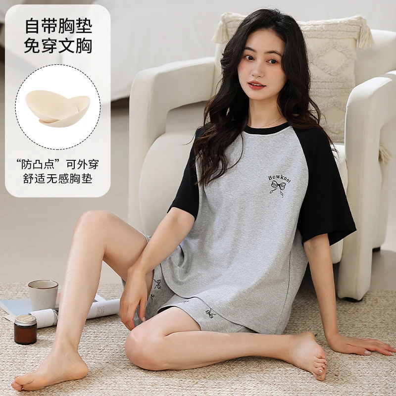 夏季新款女睡衣带胸垫休闲简约可外穿家居服套装62000