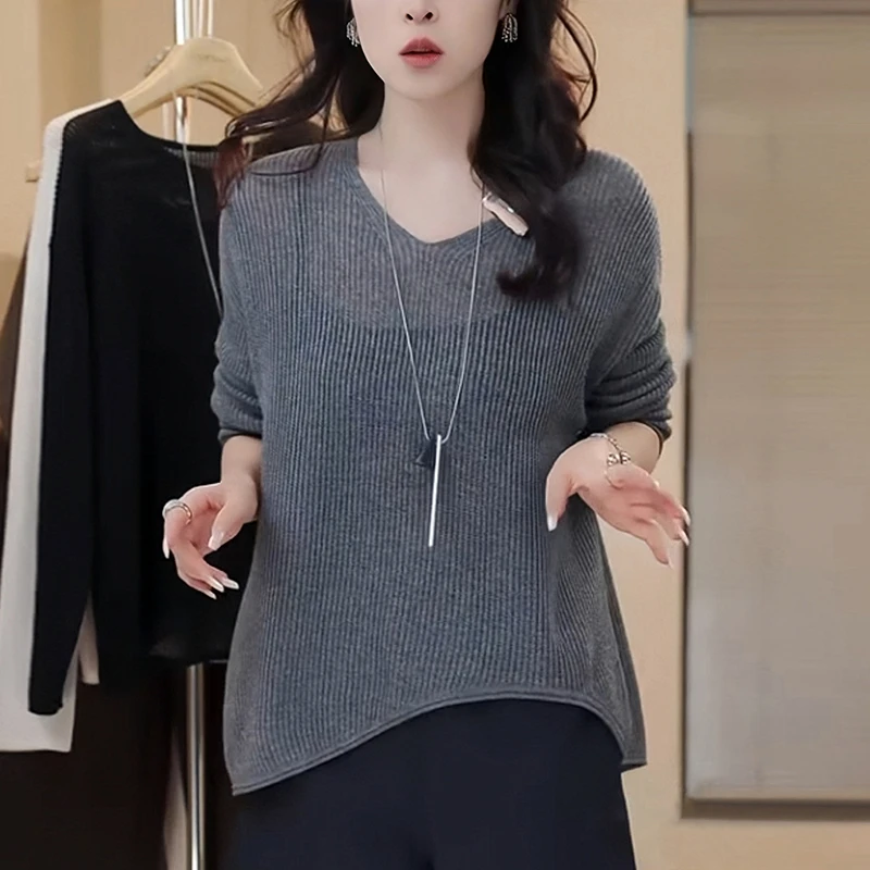 秋季女灰色V领毛衣软糯慵懒风宽松显瘦洋气内搭打底针织衫上衣
