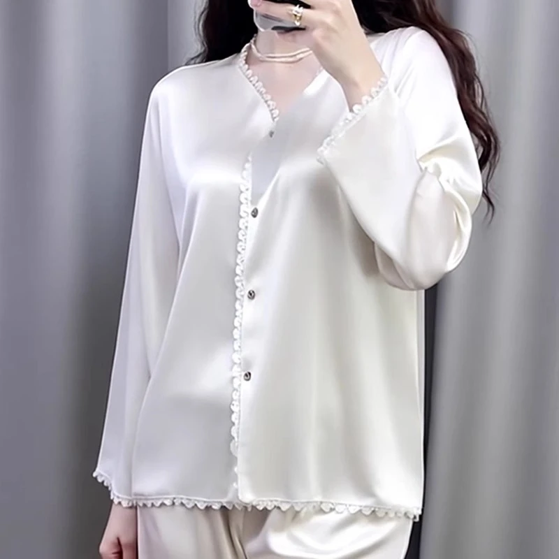 tpvl2025新款水光绸V领睡衣女士春夏长袖白色高级感套装长裤外穿