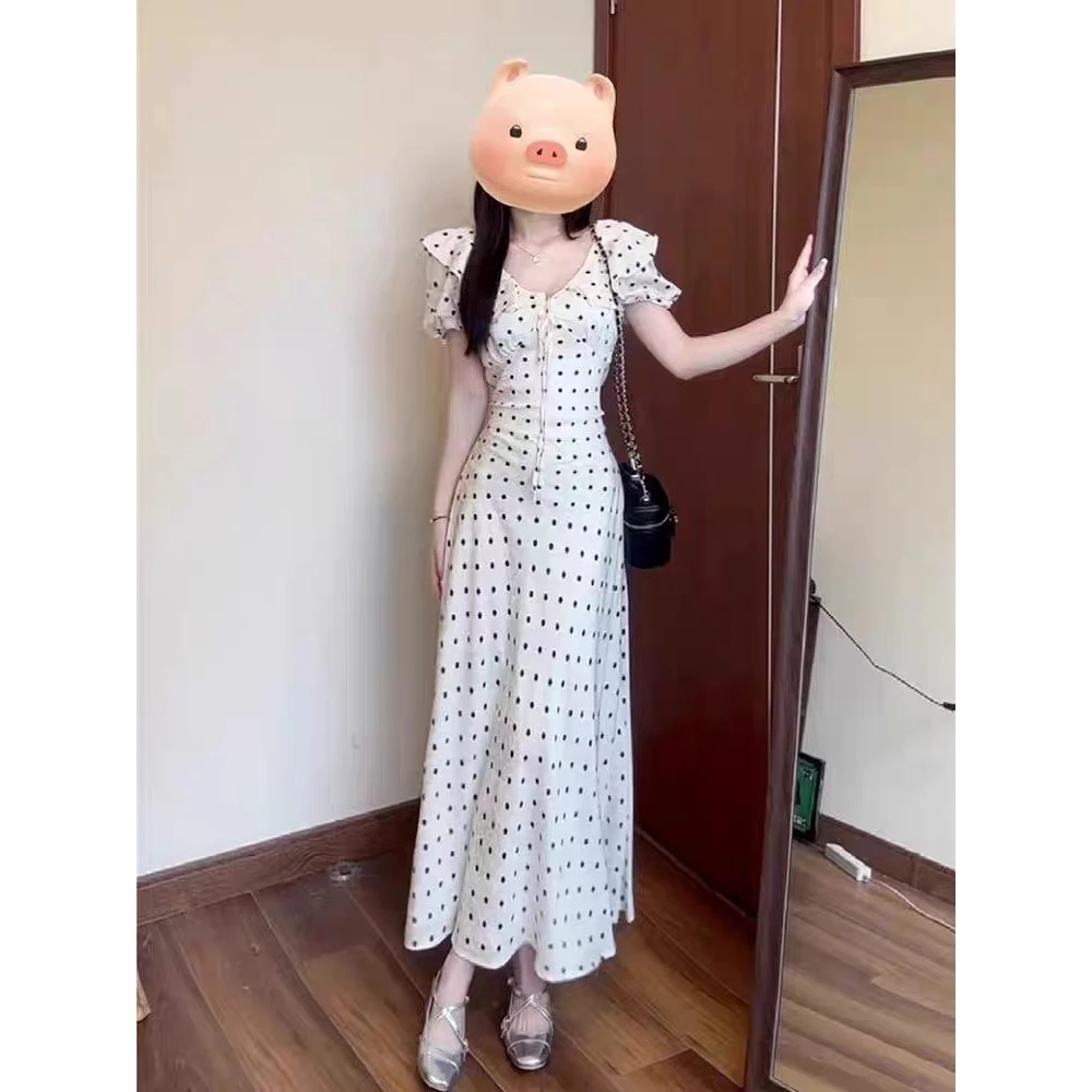 法式高级感v领波点连衣裙子女夏季2025新款海边度假收腰气质长裙