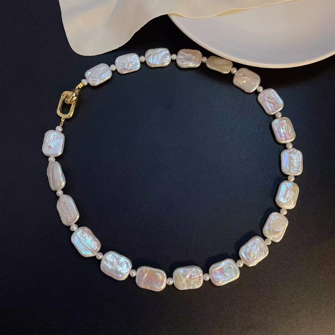 天然淡水珍珠3035#13-14M设计款巴洛克白方块珍珠项链