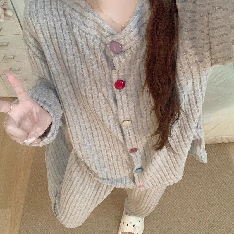 春秋季韩系多巴胺睡衣女2025新款中厚长袖甜美简约家居服外穿套装