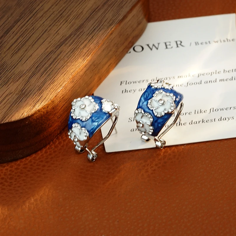 纯铜耳饰 新款007【蓝色青花】复古精致蓝色珐琅花朵气质耳环