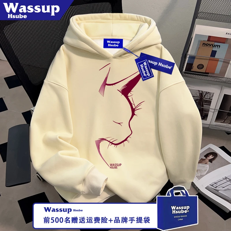 WASSUP HSUBE秋冬季男女款美式加绒杏色休闲上衣猫头印花连帽卫衣