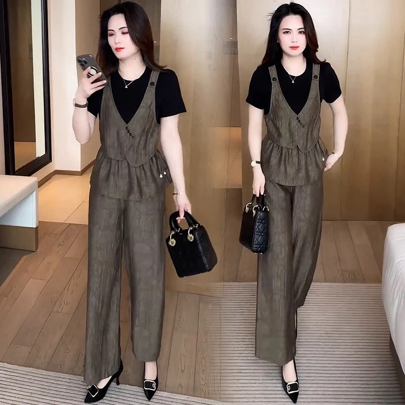 时尚休闲套装女2025夏季新款洋气减龄时髦假两件短袖阔腿裤两件套