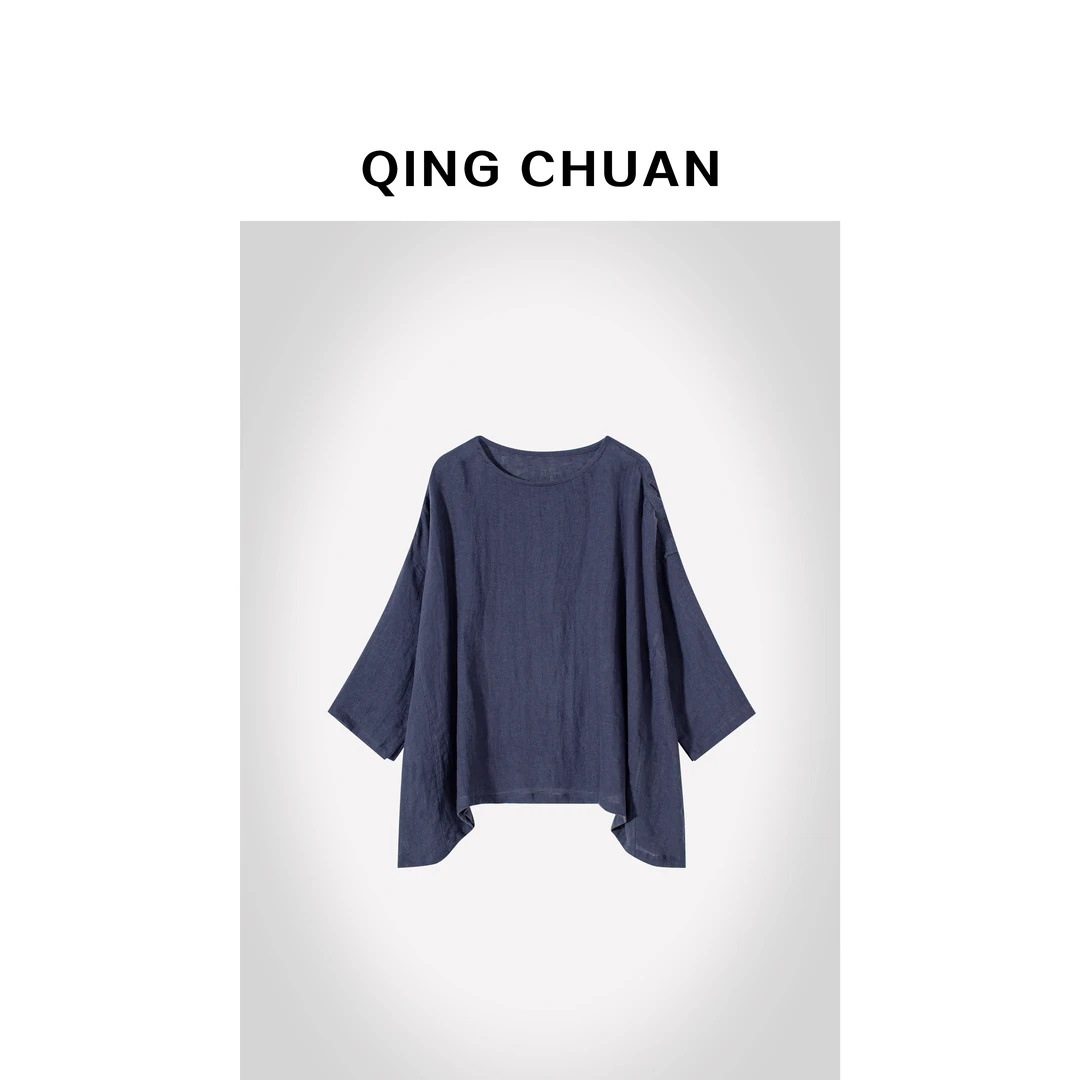【晴川】亚麻大廓形一字领宽松慵懒T桖衫  1-1- 251359