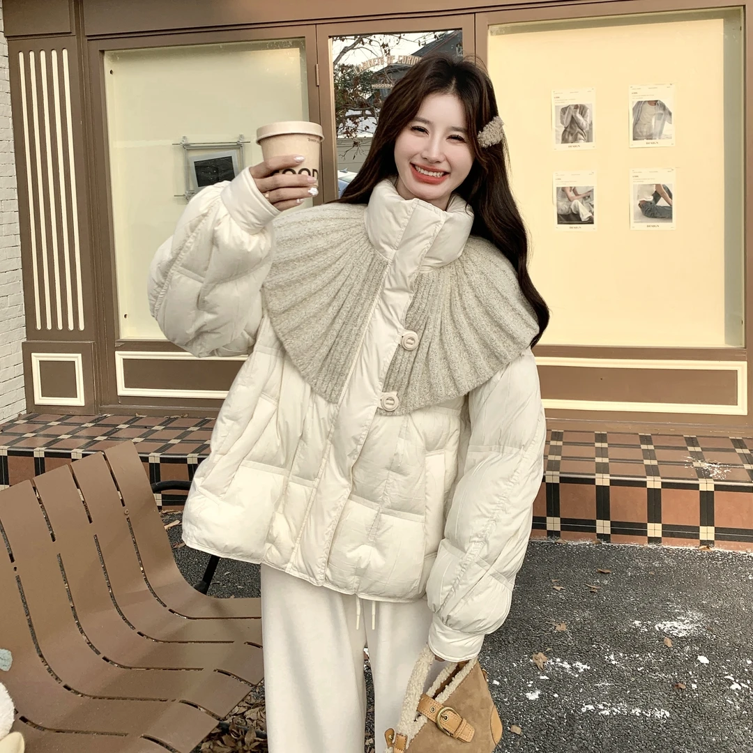 米白色斗篷针织拼立领90绒羽绒服女2025冬季新款洋气短款保暖外套