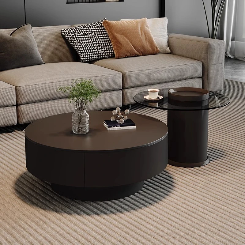 意式轻奢高级感岩板茶几小户型客厅家用茶桌实木圆形子母茶几组合