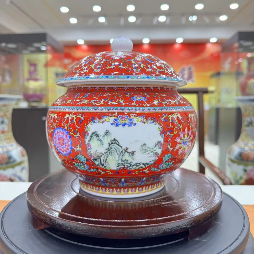 【百善瓷业】不描金中国红开窗雪景宝珠罐+底座