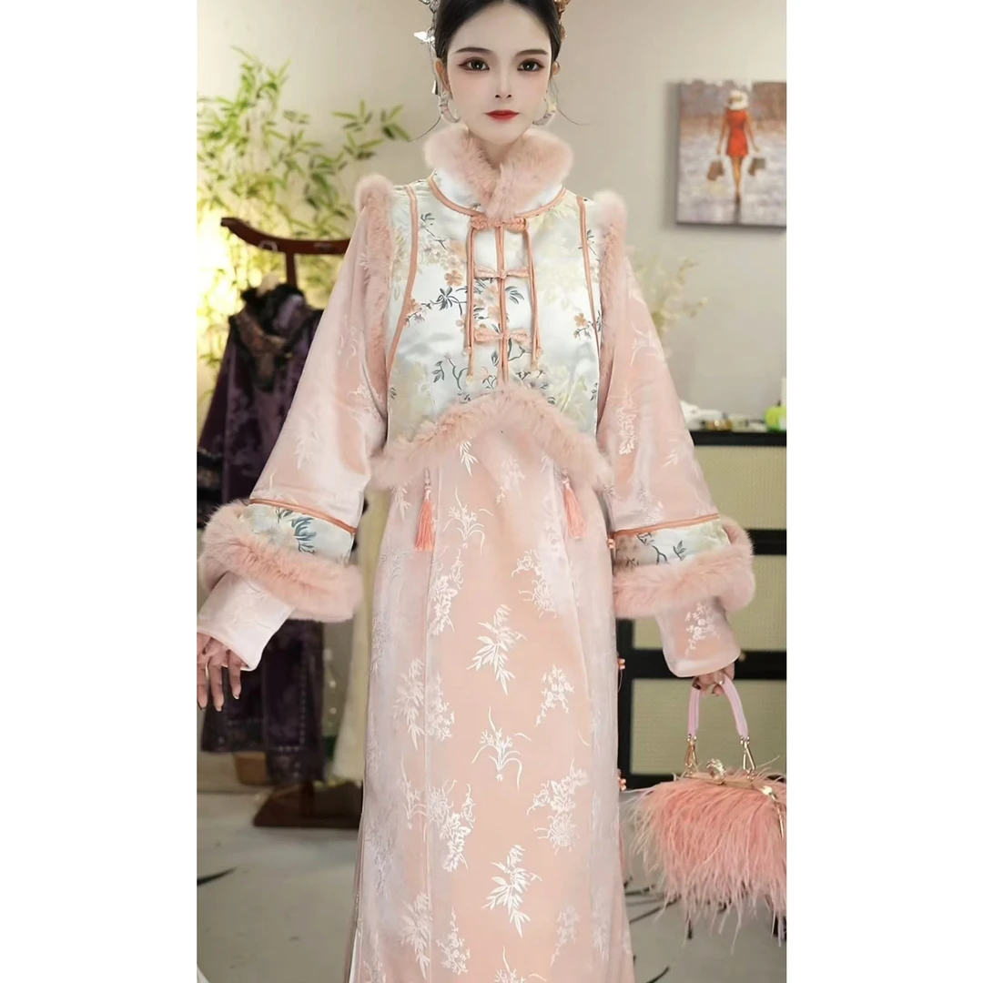 花享悦2024冬季新款加绒中式长款橘色时尚显瘦女装裙（6507+6508）