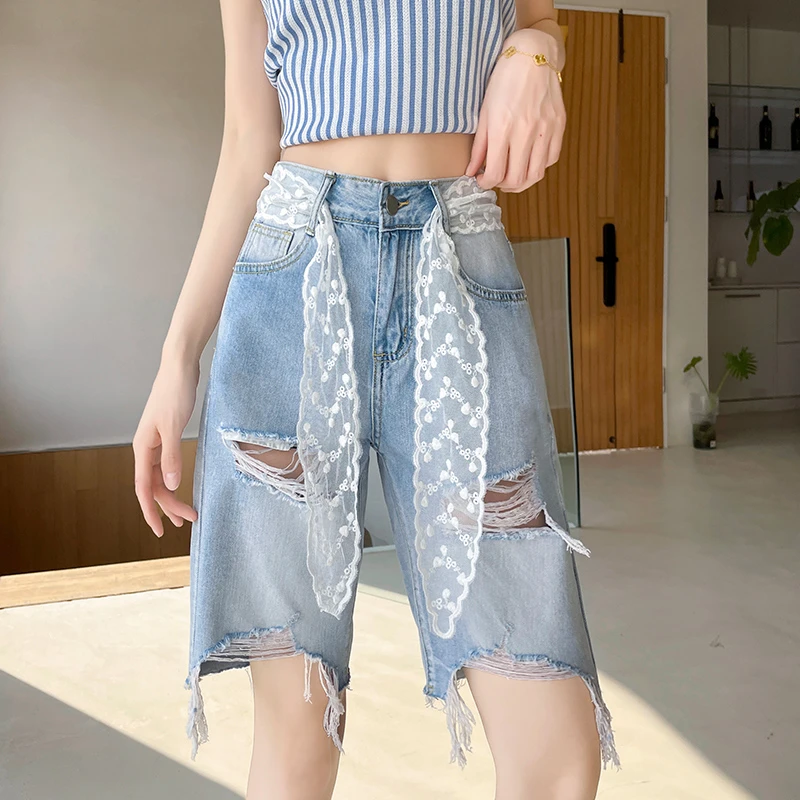 破洞乞丐五分牛仔短裤女2025夏季流行穿搭欧货男友风薄款宽松中裤