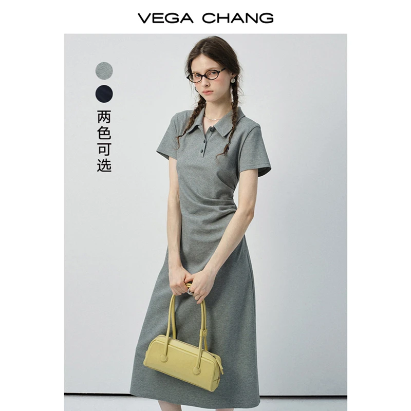 VEGA CHANG短袖连衣裙女2025新款夏气质polo领收腰显瘦长裙0776YY
