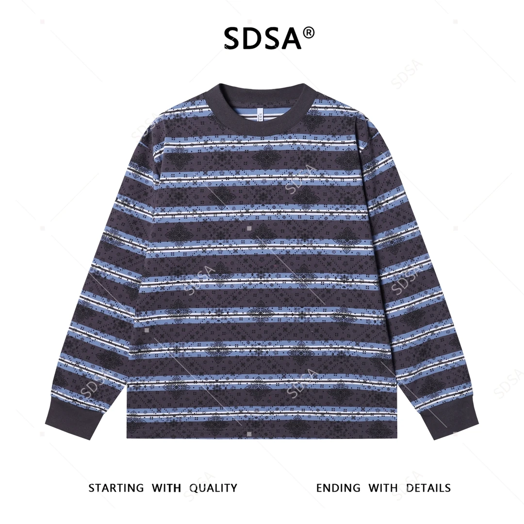 SDSA男士秋冬新款痞帅男装撞色条纹印花圆领长袖T恤宽松气质上衣