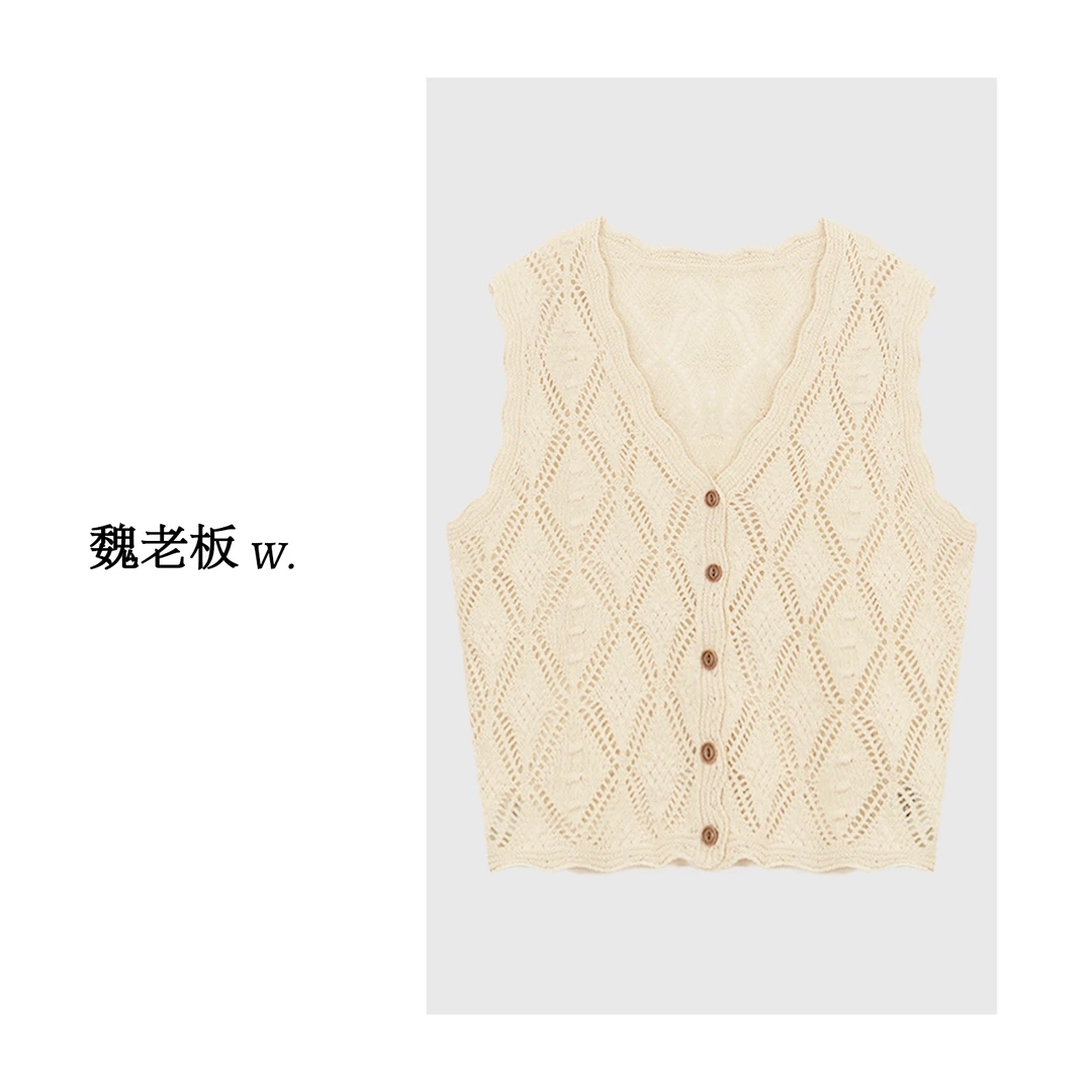 W.Diva【街角谣】米杏色品质干爽透气镂空提花针织衫背心51Z171797