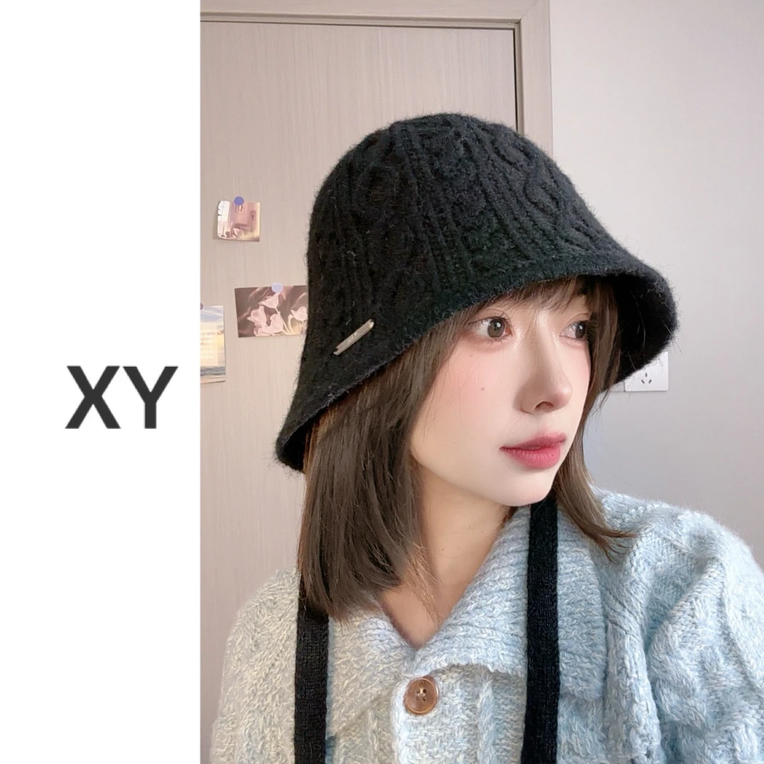 韩版女秋冬季保暖针织时尚盆帽素颜显脸小后开叉系带毛线水桶帽