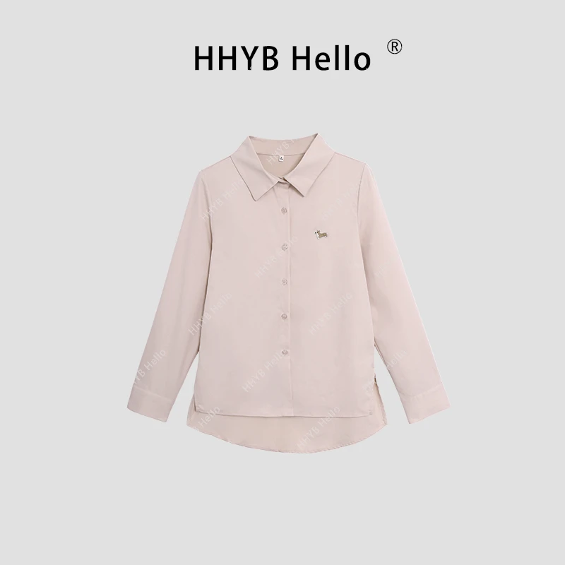HHYB Hello2025春夏新款时尚百搭小狗贴布绣纯色休闲衬衫252020