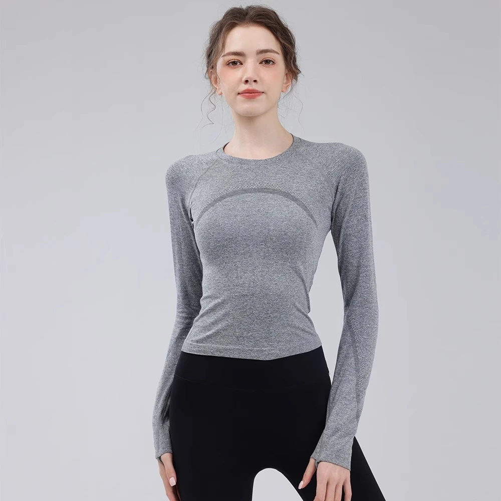瑜伽服圆领上衣秋冬新款专业普拉提修身长袖跑步运动速干透气T恤