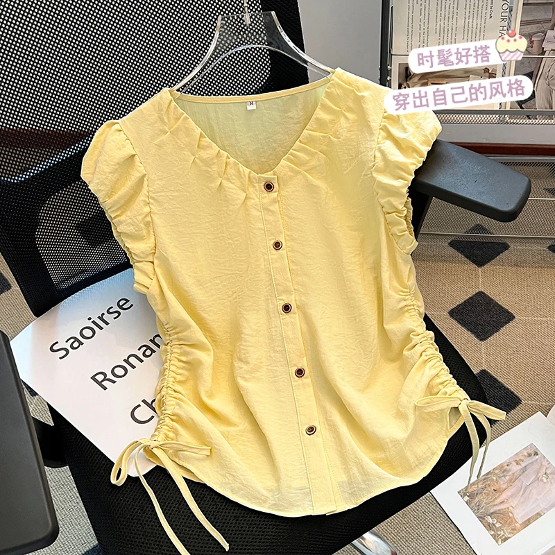 夏季新款小个子时尚洋气V领短袖衬衫女设计感小众抽绳小飞袖上衣