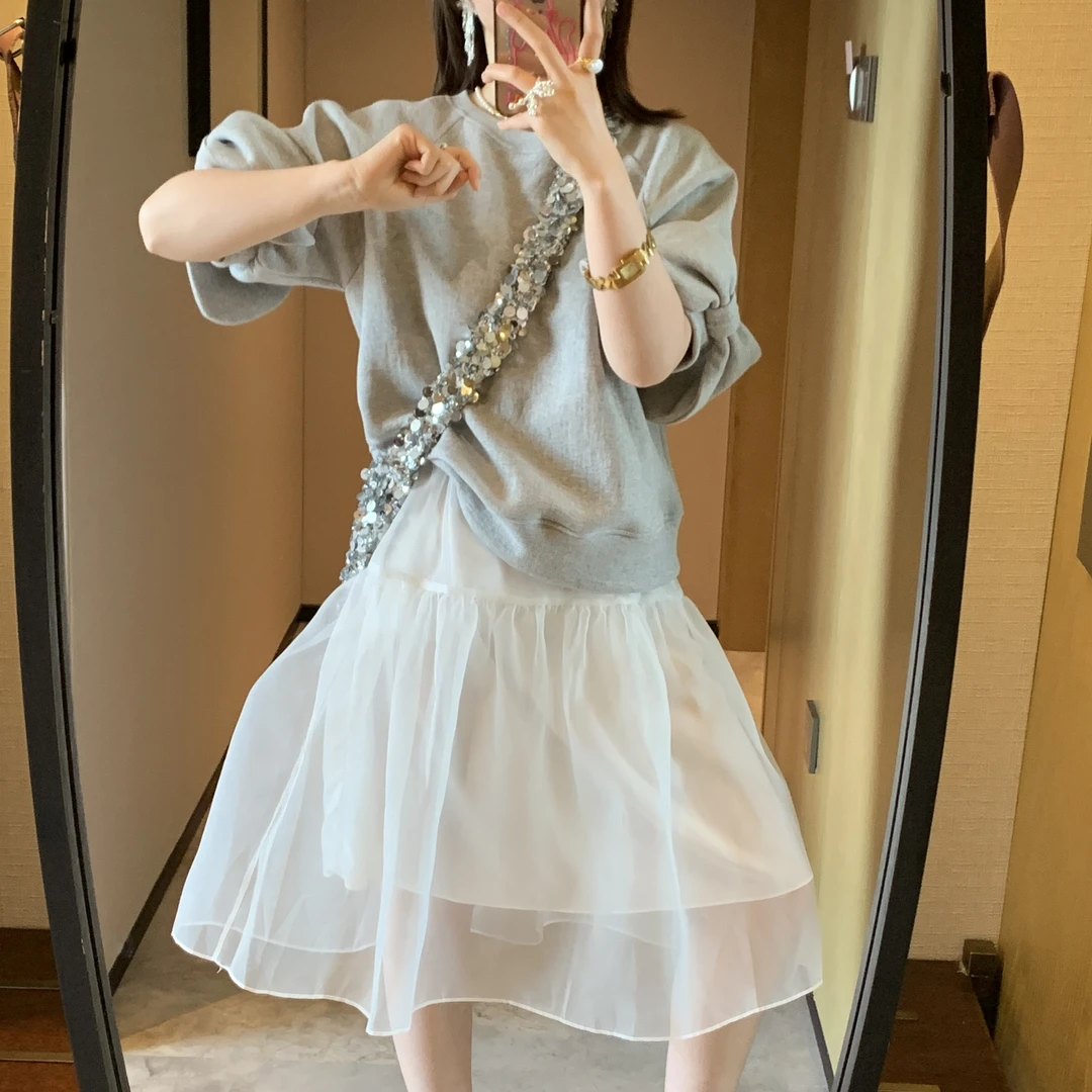 韩系温柔女纱裙白色百搭松紧简约气质休闲半身裙