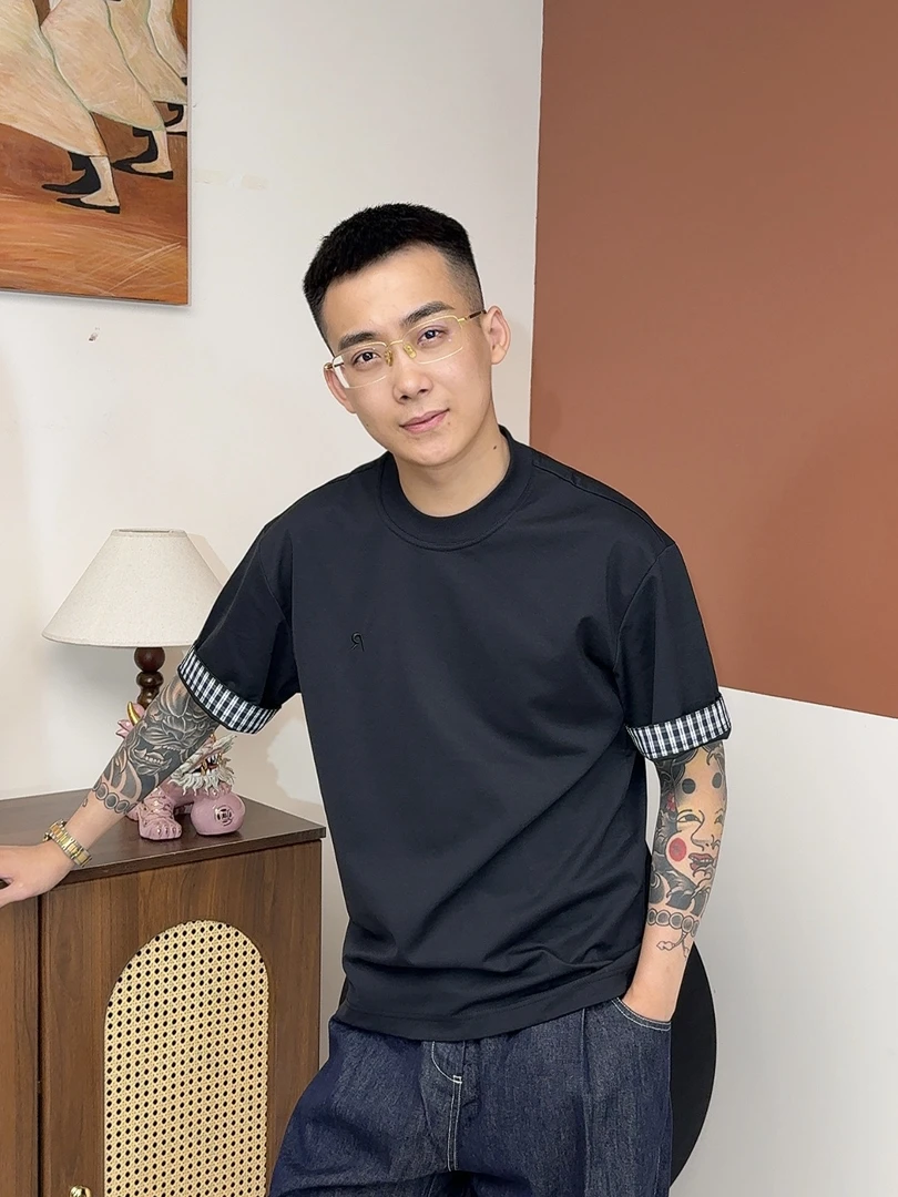 【定做私服】夏季新款格子拼接刺绣T恤 190克