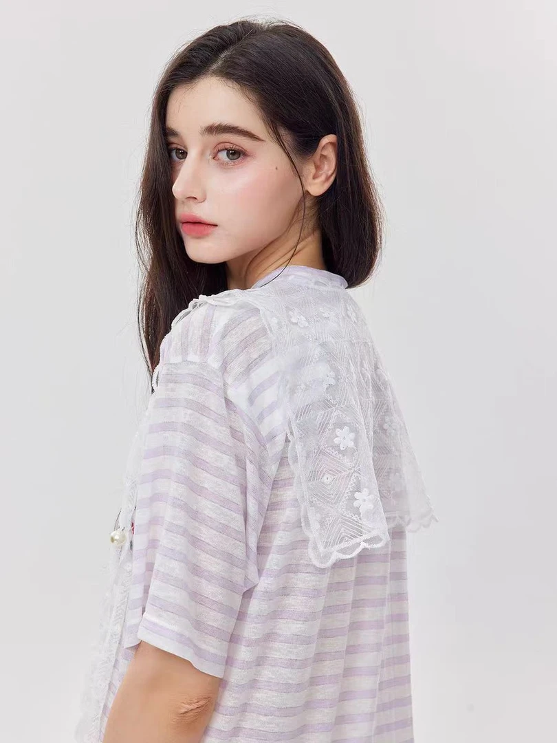 【景致】Ooof!Yang 紫色条纹披肩印花款圆领短袖25ss1370