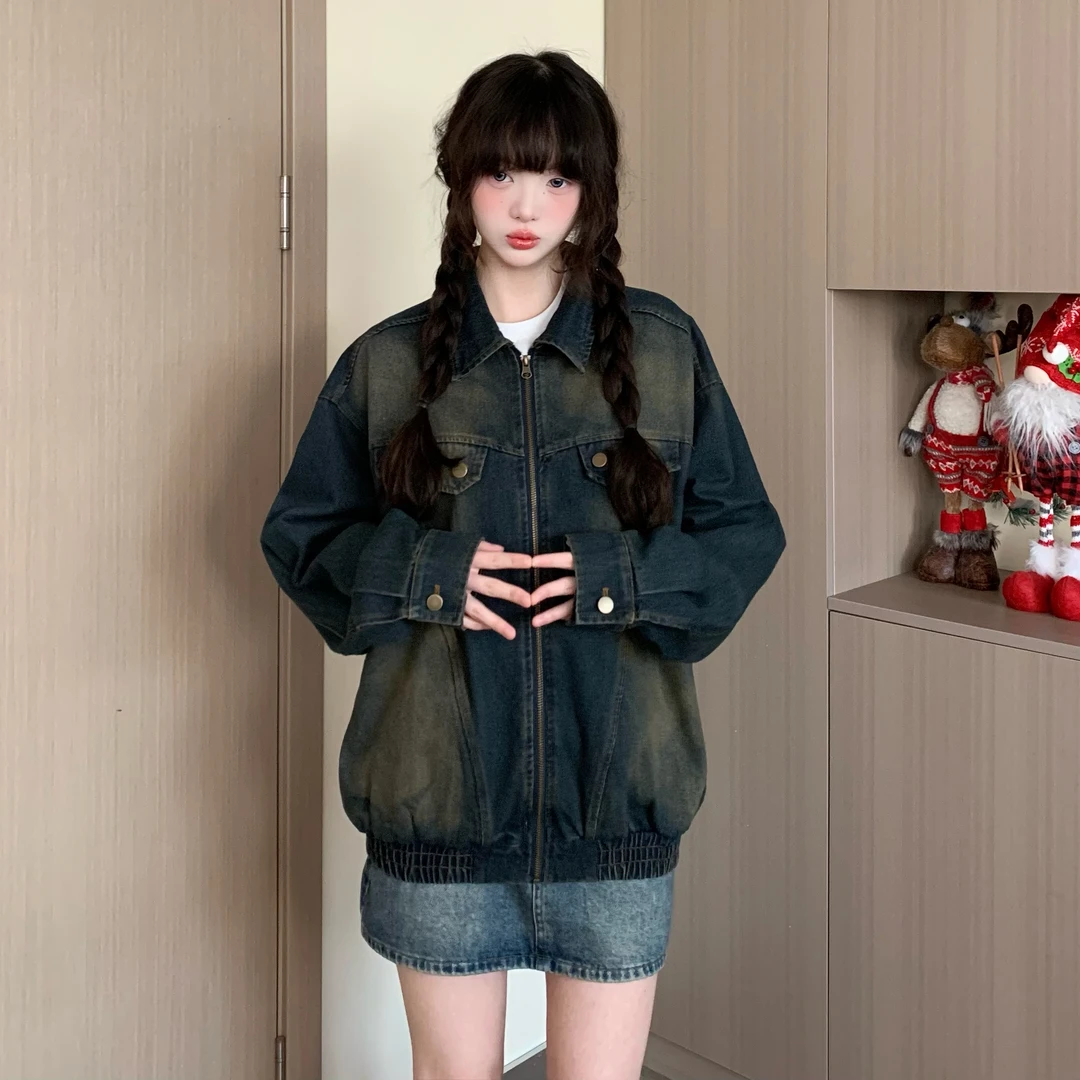 EZEK美式复古潮牌牛仔外套女做旧水洗设计感小众渐变宽松休闲夹克
