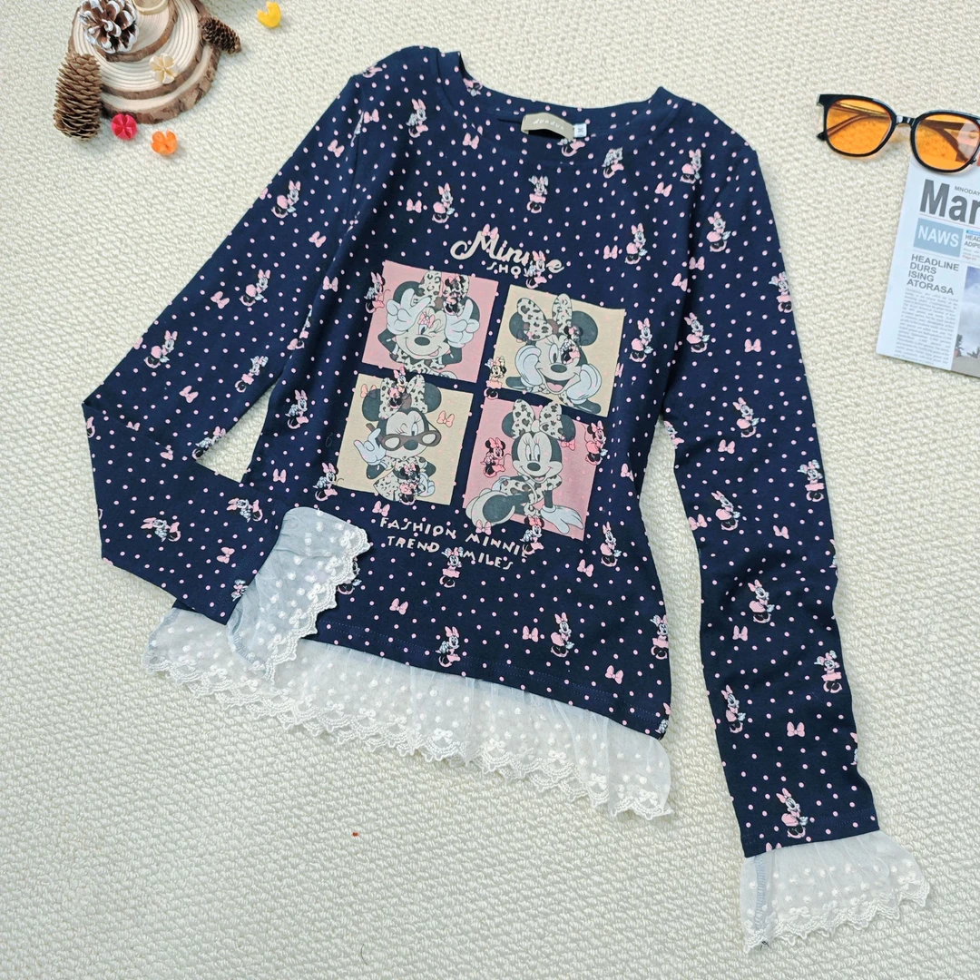 2024秋季新款休闲时尚百搭波点卡通印花拼蕾丝打底长袖T恤7847