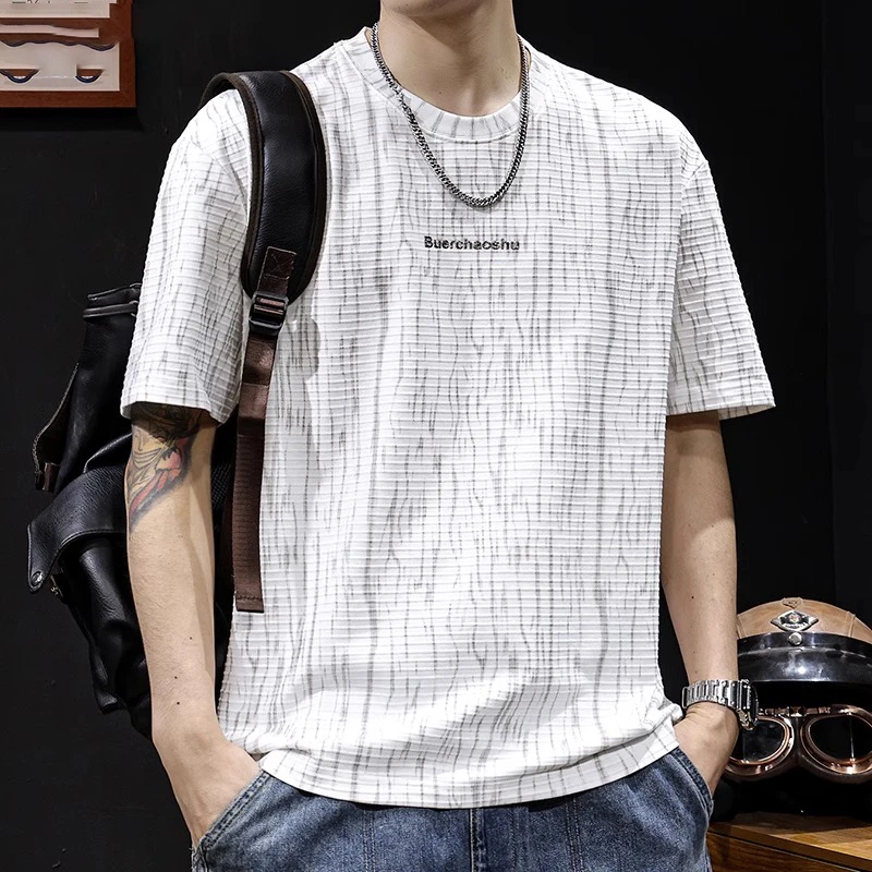 MR.MUDI/穆迪先生复古提花短袖t恤男士宽松大码夏季新款白色衣服