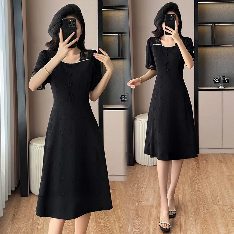 高级感赫本风蕾丝雪纺连衣裙夏新款微胖气质显瘦微胖时尚减龄裙子