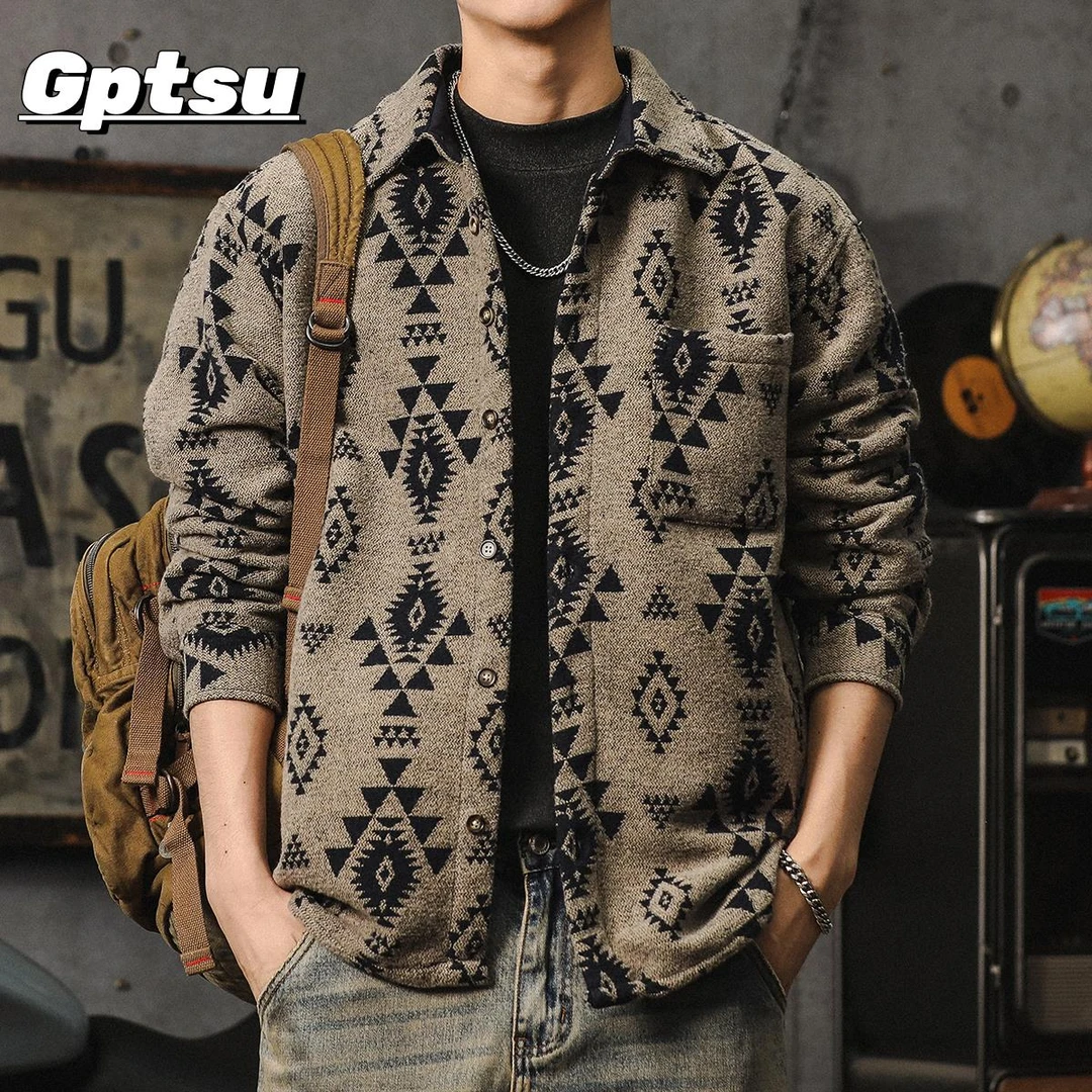 GPTSu美式重磅提花衬衫男秋季新款复古痞帅毛呢衬衫翻领工装外套