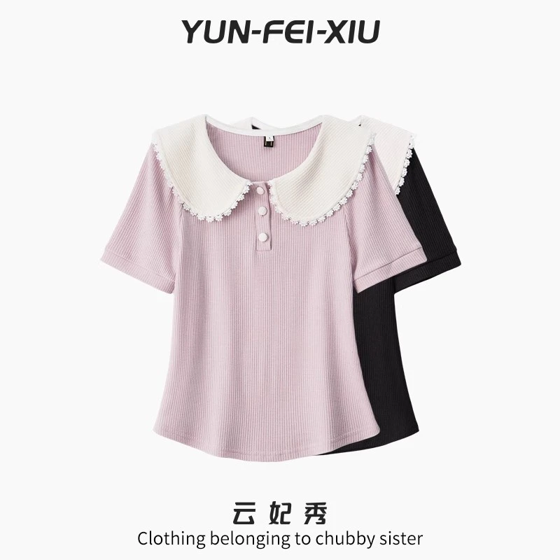 云妃秀大码女装T恤时尚娃娃领短袖上衣微胖显瘦减龄宽松夏季63972
