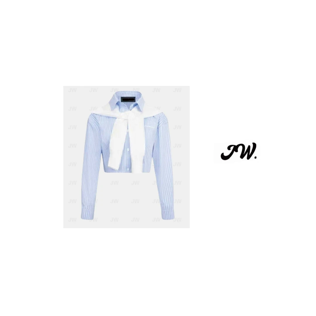 【JW.】ANN甜美清新条纹长袖衬衫刺绣拼接学院外套百搭蓝色撞色